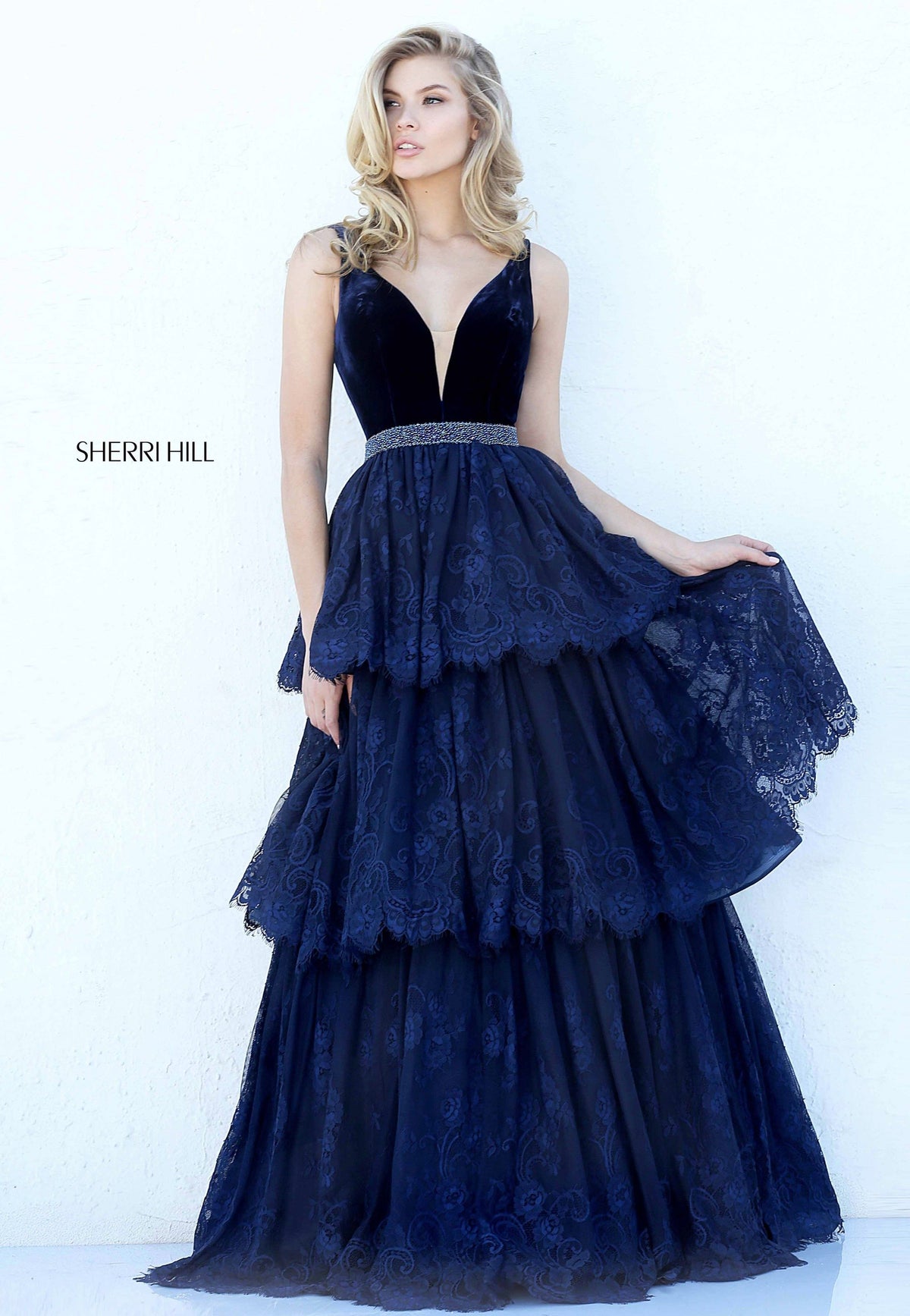 Sherri Hill 50771 V-neck velvet gown with tiered tulle skirt in navy