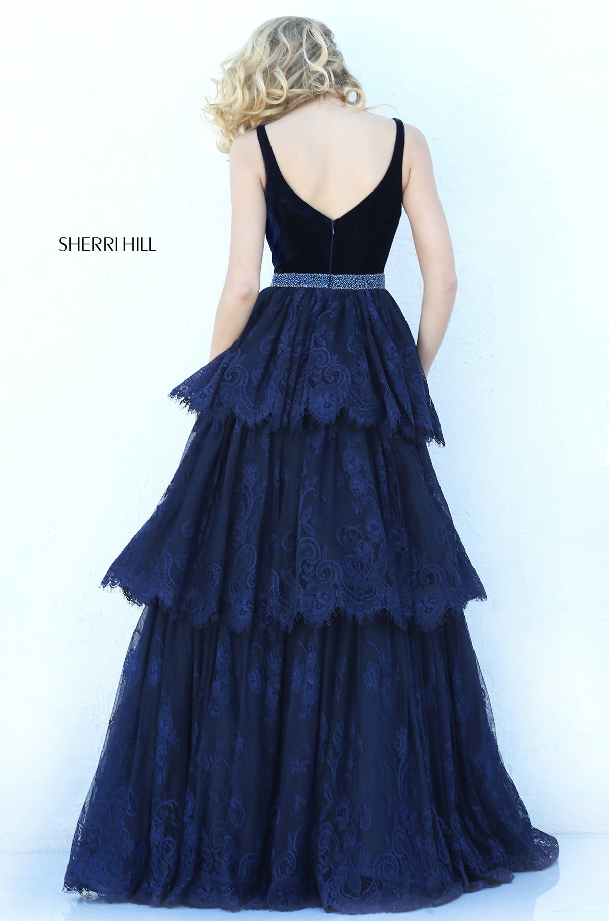 Sherri Hill 50771 V-neck velvet gown with tiered tulle skirt