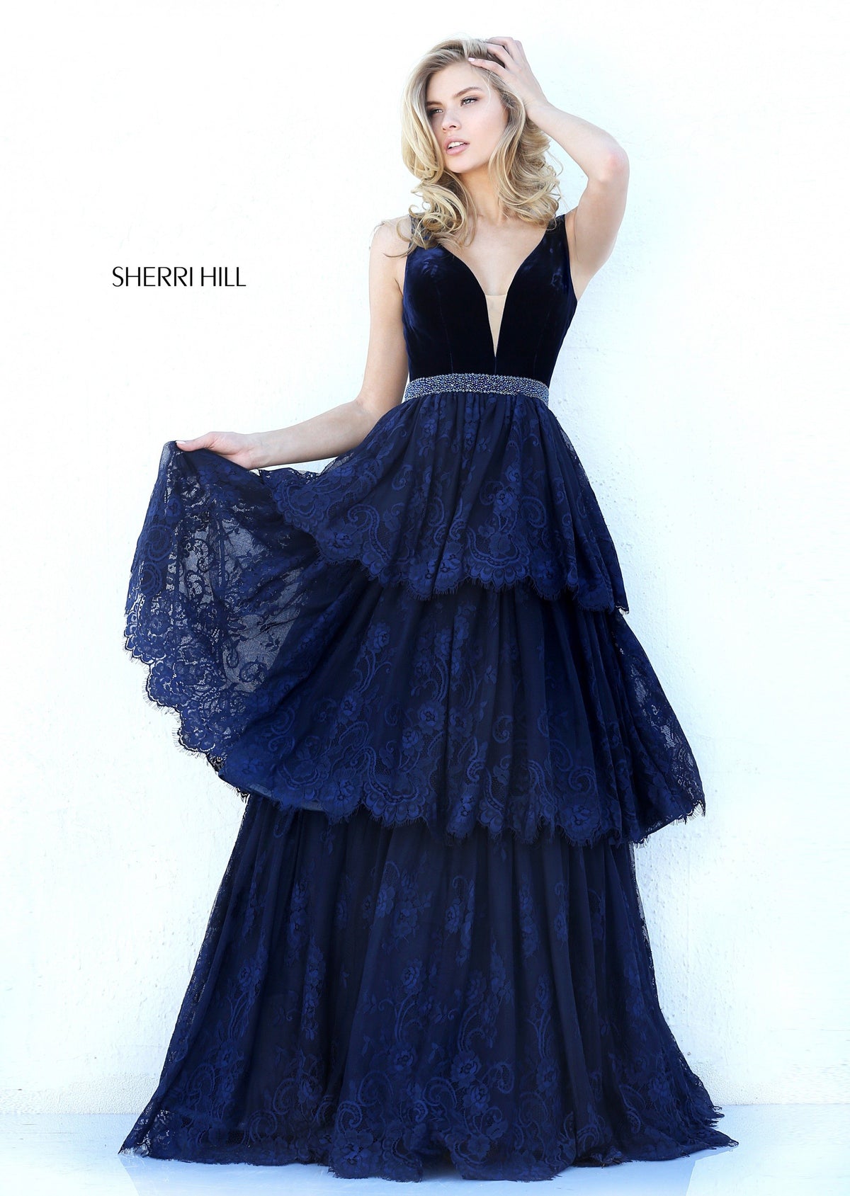 Sherri Hill 50771 V-neck velvet gown with tiered tulle skirt