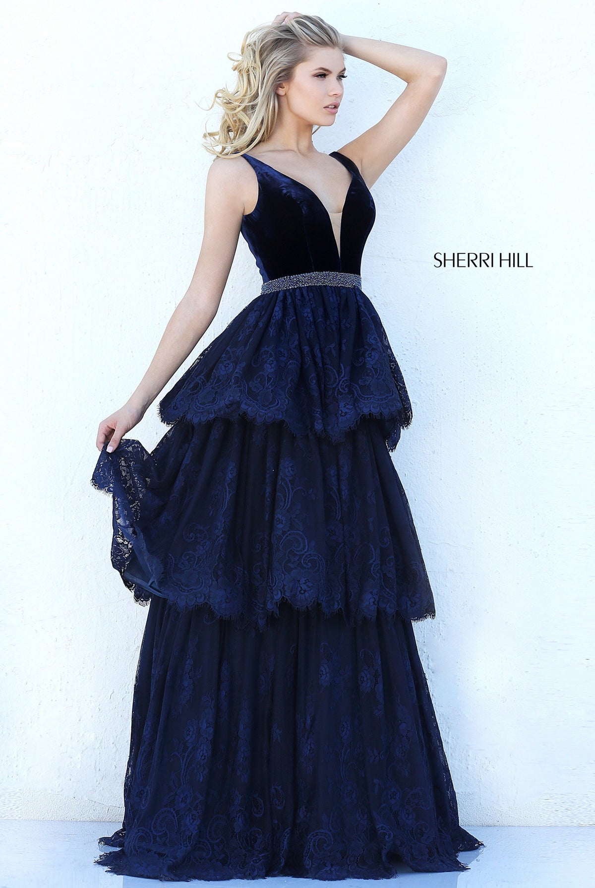 Sherri Hill 50771 V-neck velvet gown with tiered tulle skirt