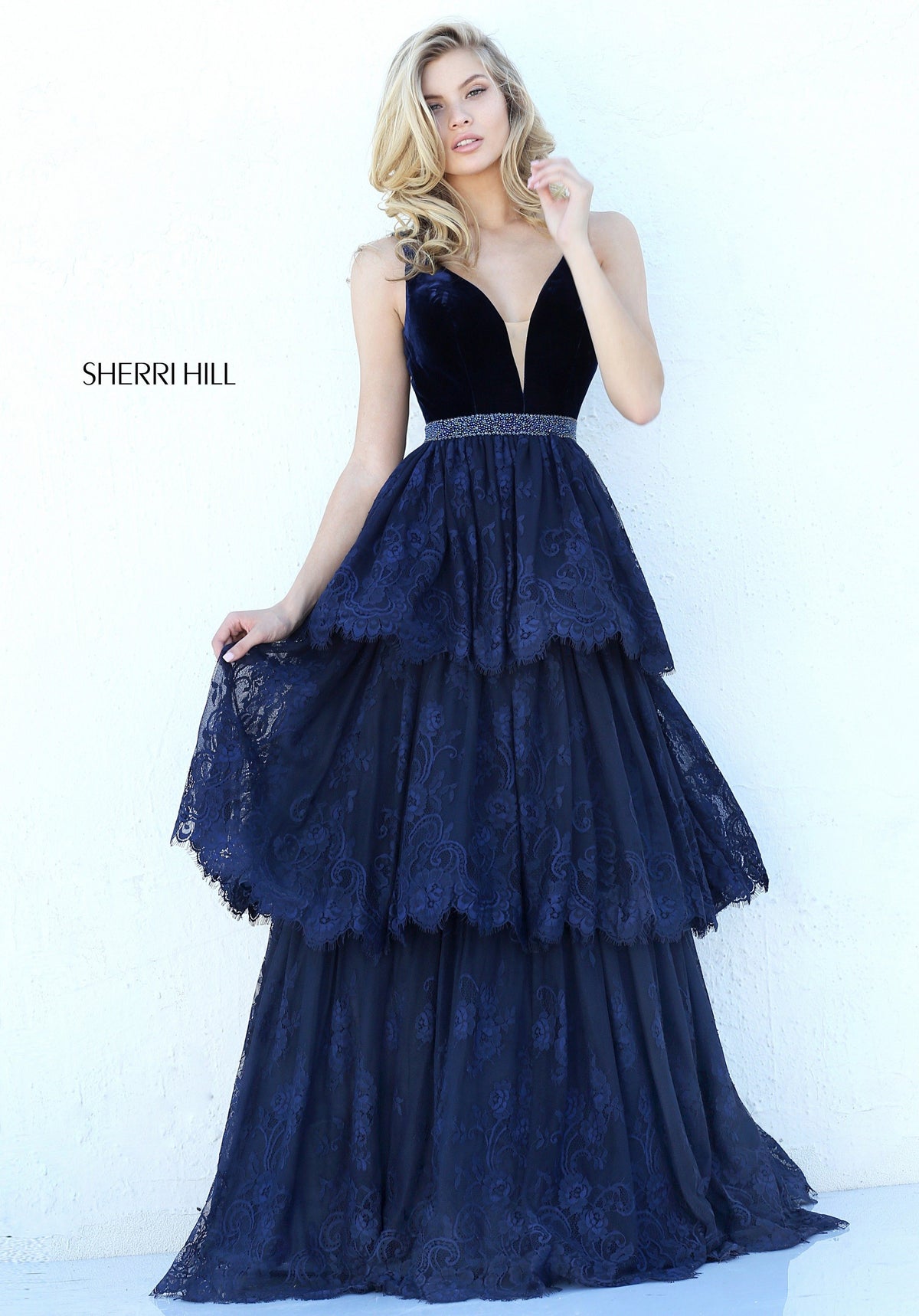 Sherri Hill 50771 V-neck velvet gown with tiered tulle skirt