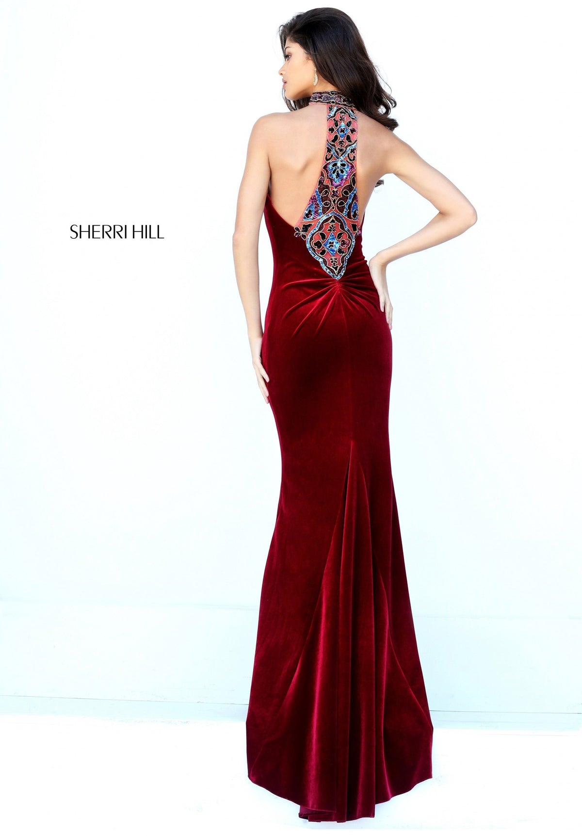 Sherri Hill 50653 high-neck velvet fitted gown