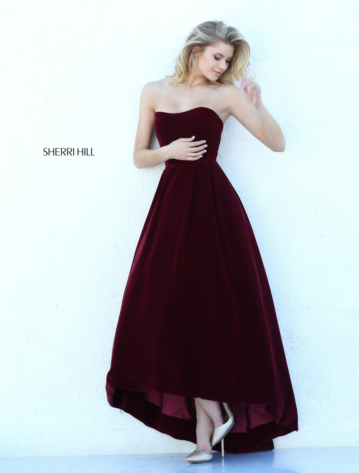 Sherri Hill 50735 strapless velvet high-low gown in wine