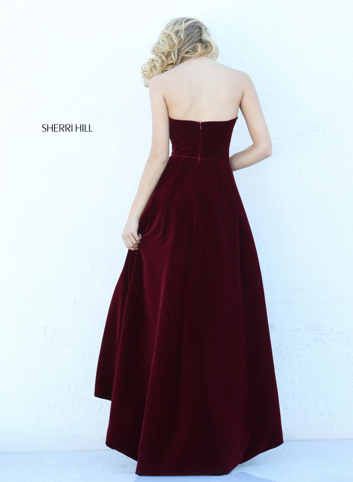 Sherri Hill 50735 strapless velvet high-low gown
