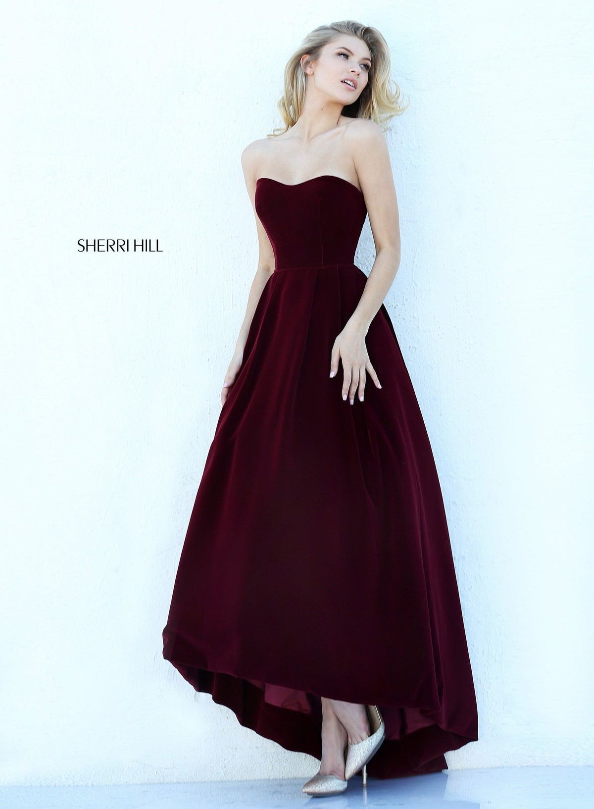 Sherri Hill 50735 strapless velvet high-low gown