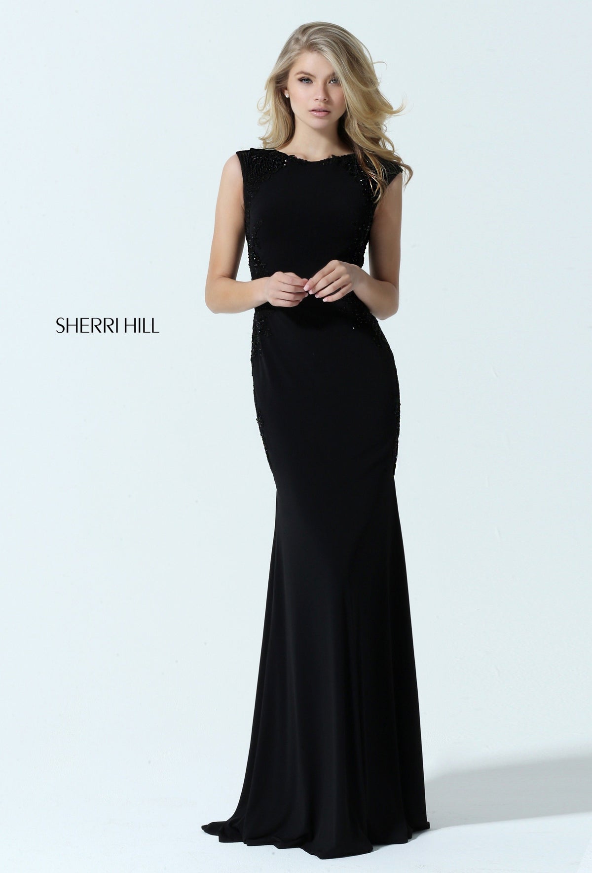 Sherri Hill 50763 fitted jersey gown in black