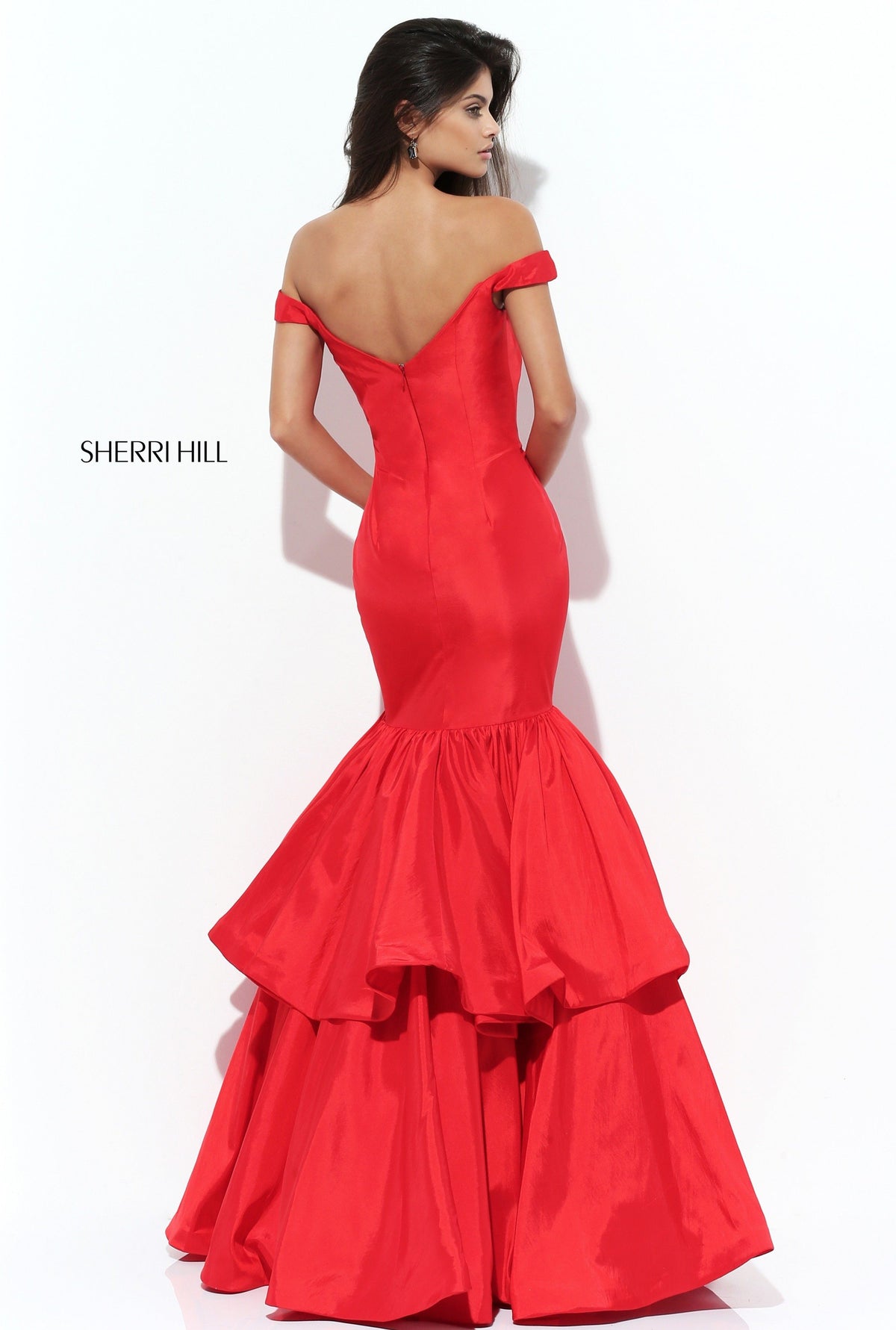 Sherri Hill 50718 off-the-shoulder satin mermaid gown with tiered skirt