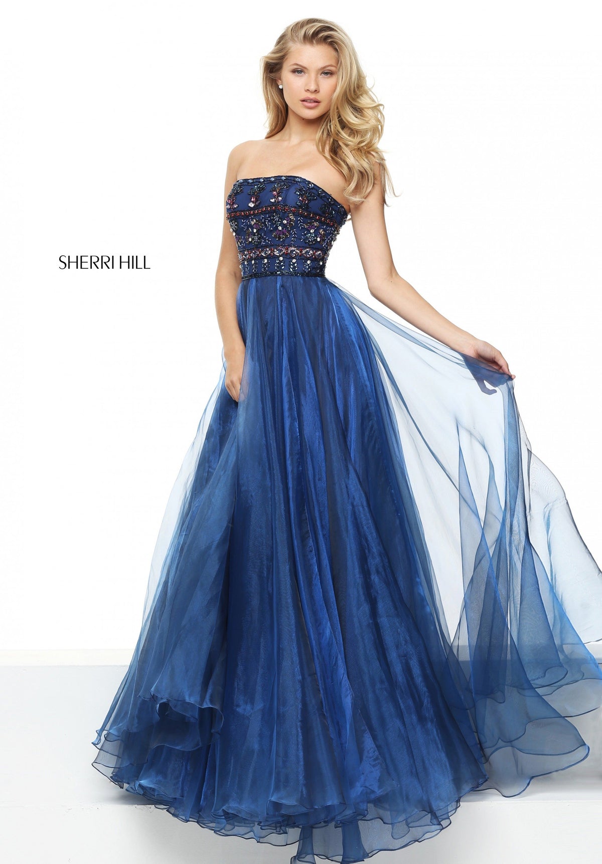 Sherri Hill 50344 organza sequined beaded bodice A-line gown in navy