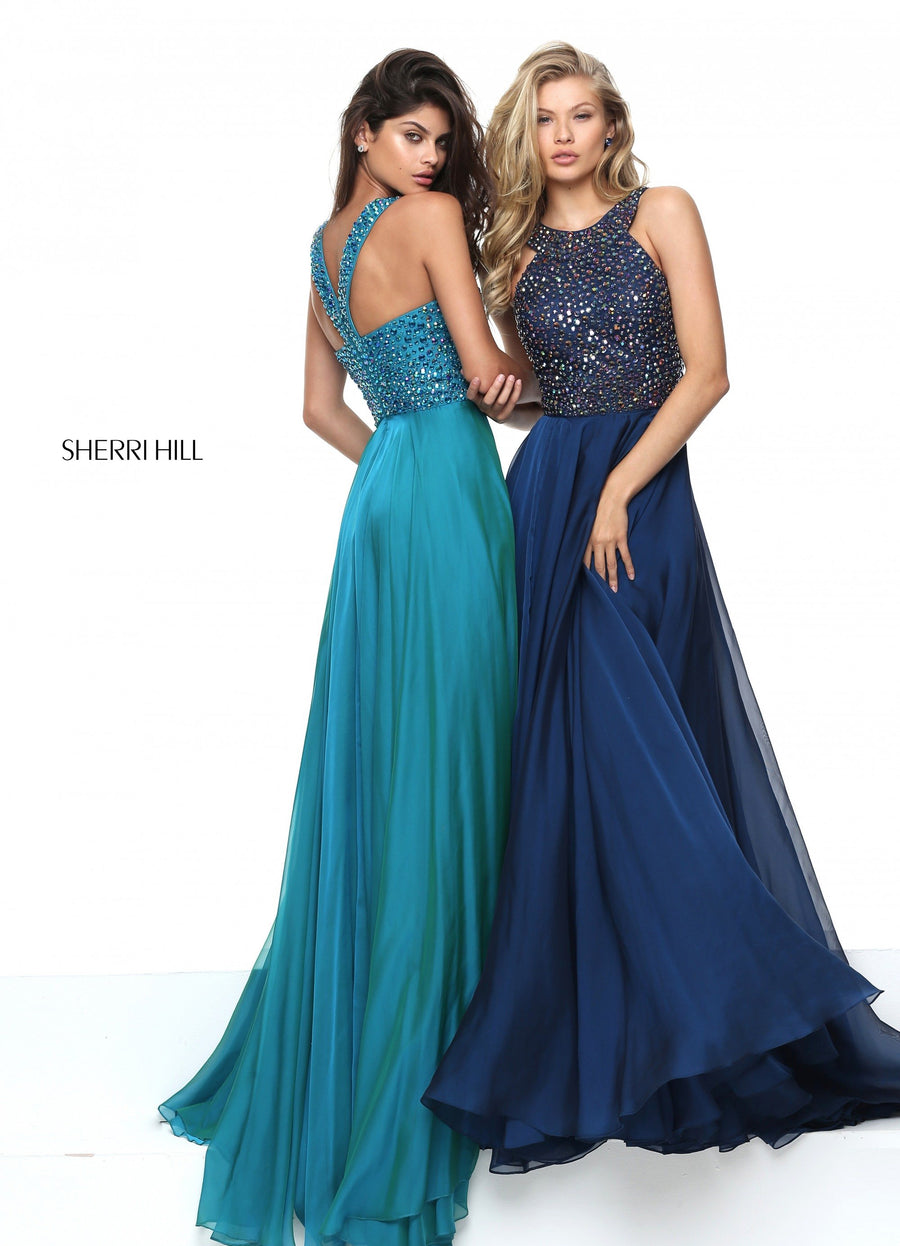 Sherri Hill style 50615 in royal, Beaded Bodice with Chiffon Skirt