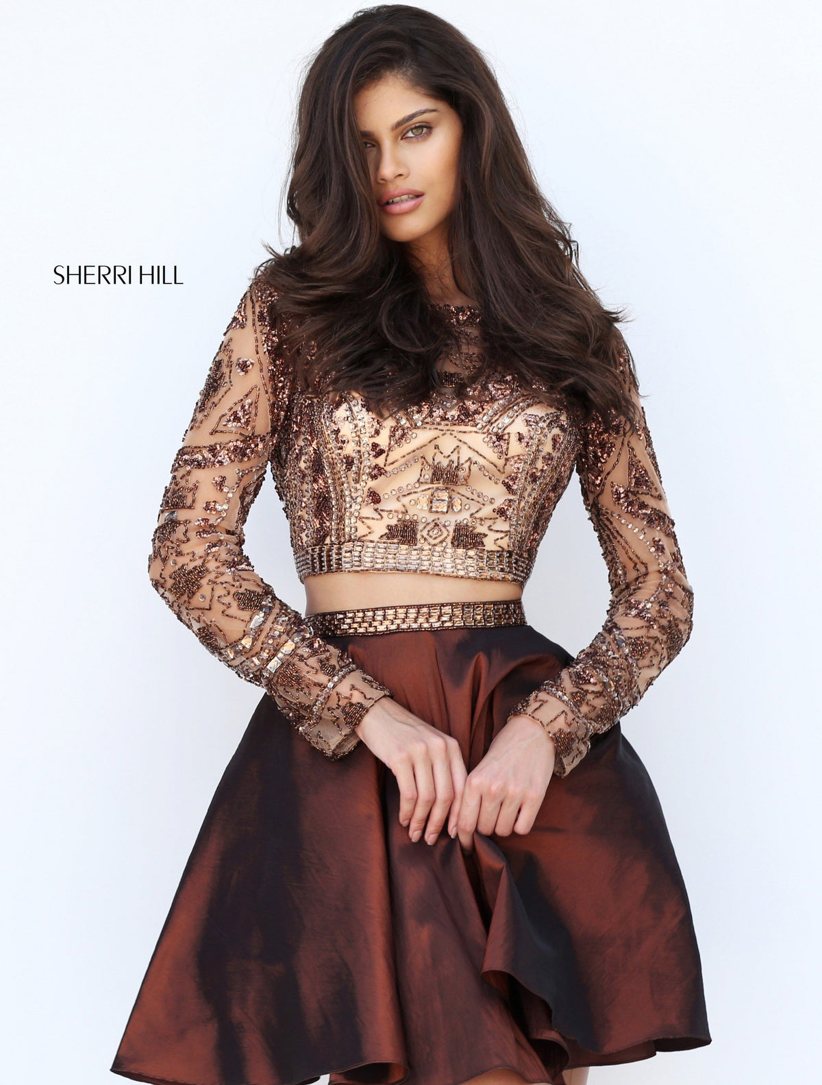 Sherri Hill 50693 two-piece long-sleeve beaded cocktail dress in bronze