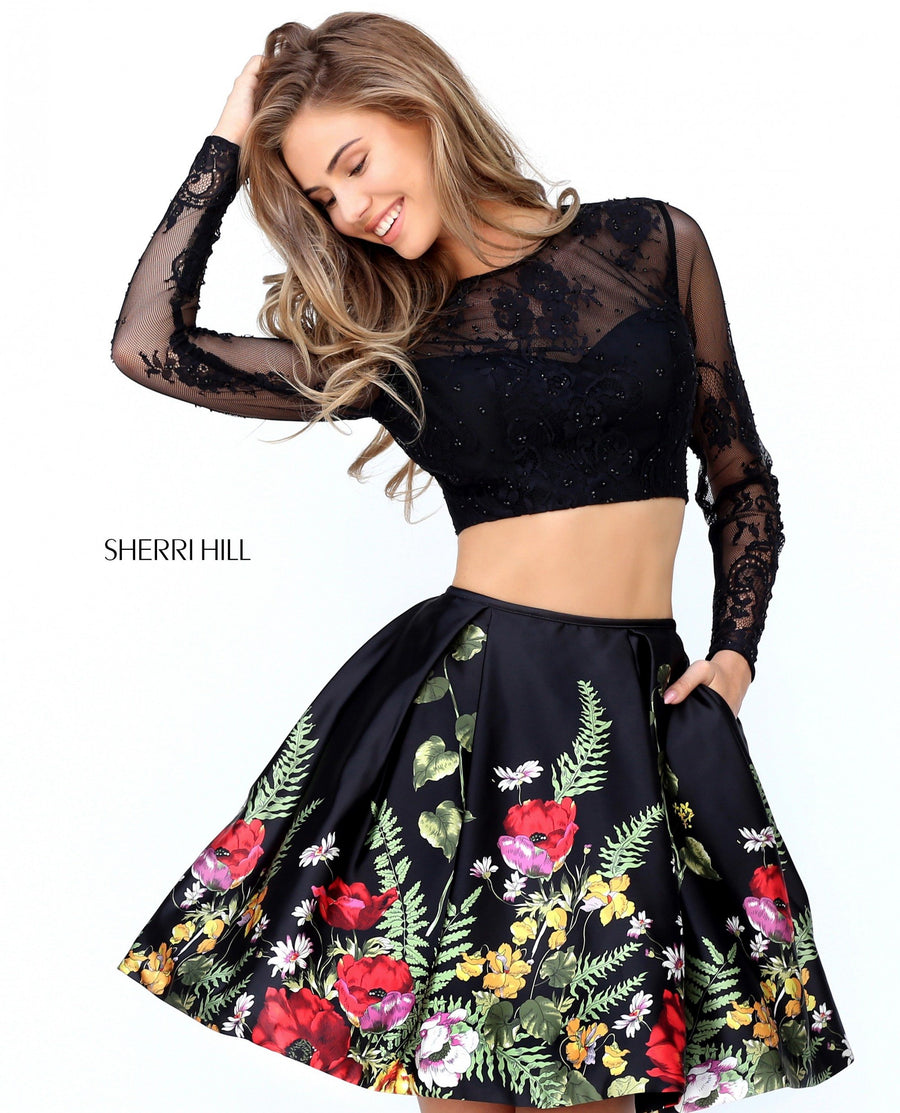 Sherri Hill style 50777 in black/multi print, Two Piece Cocktail Floral Skirt