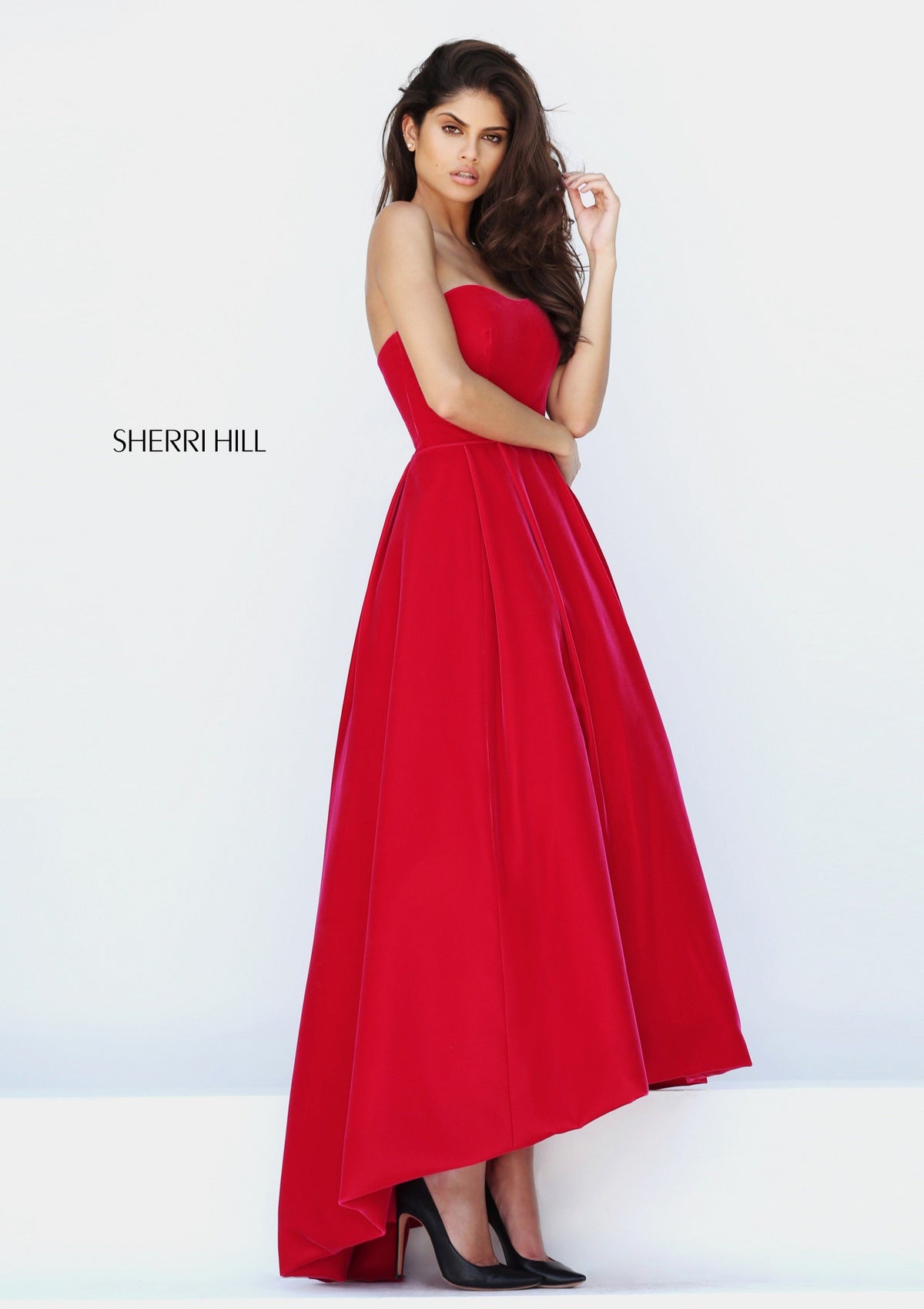 Sherri Hill 50735 strapless velvet high-low gown