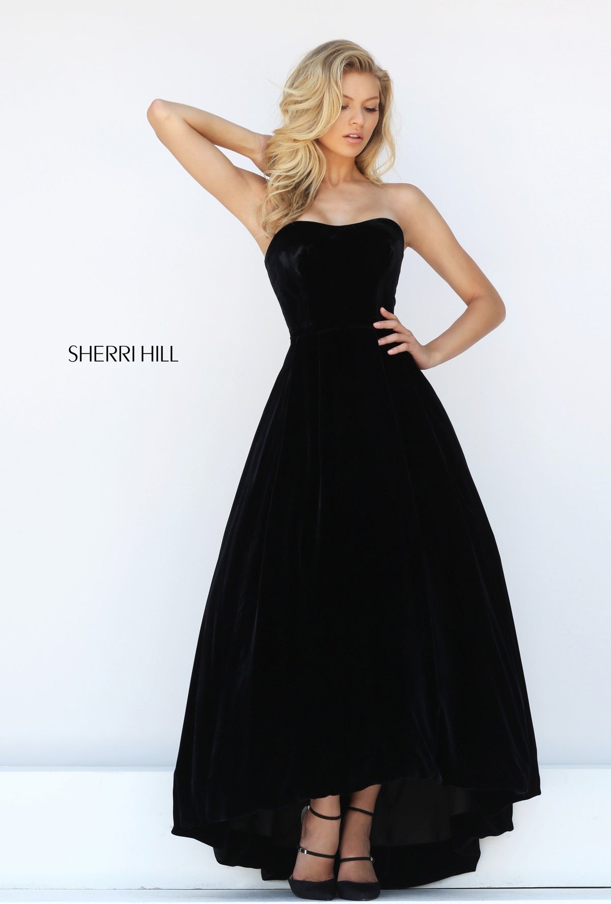 Sherri Hill 50735 strapless velvet high-low gown