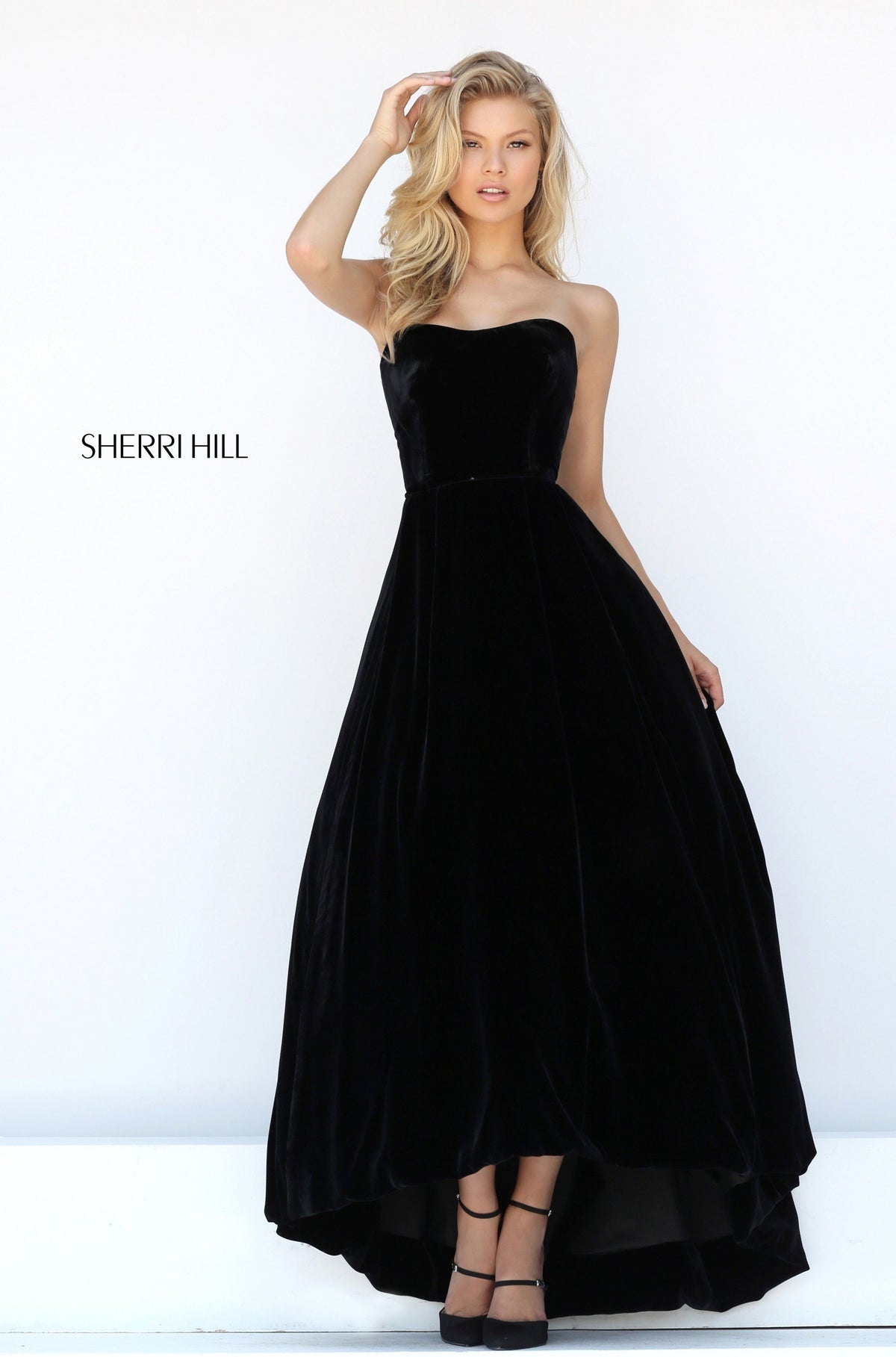 Sherri Hill 50735 strapless velvet high-low gown in black