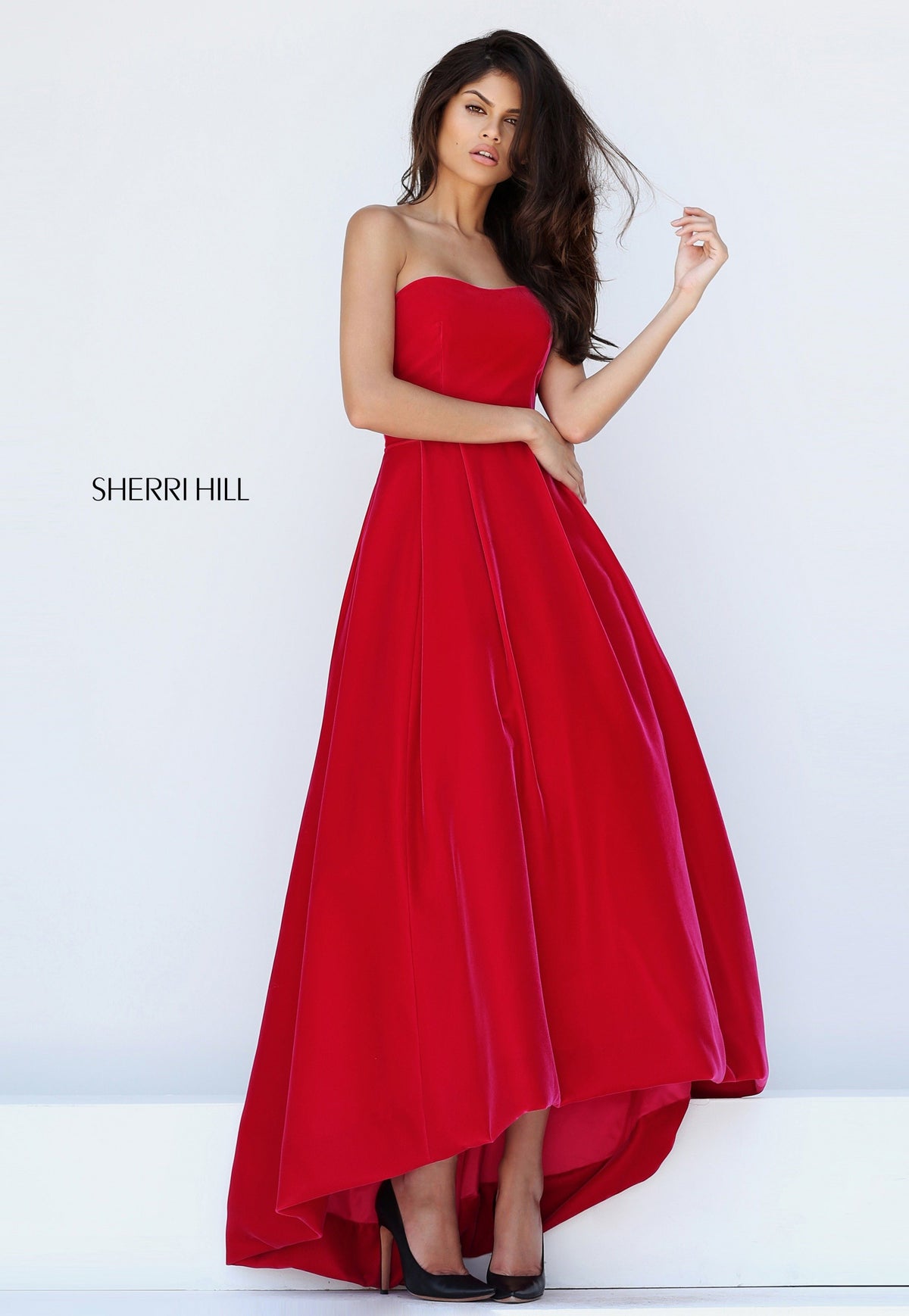 Sherri Hill 50735 strapless velvet high-low gown