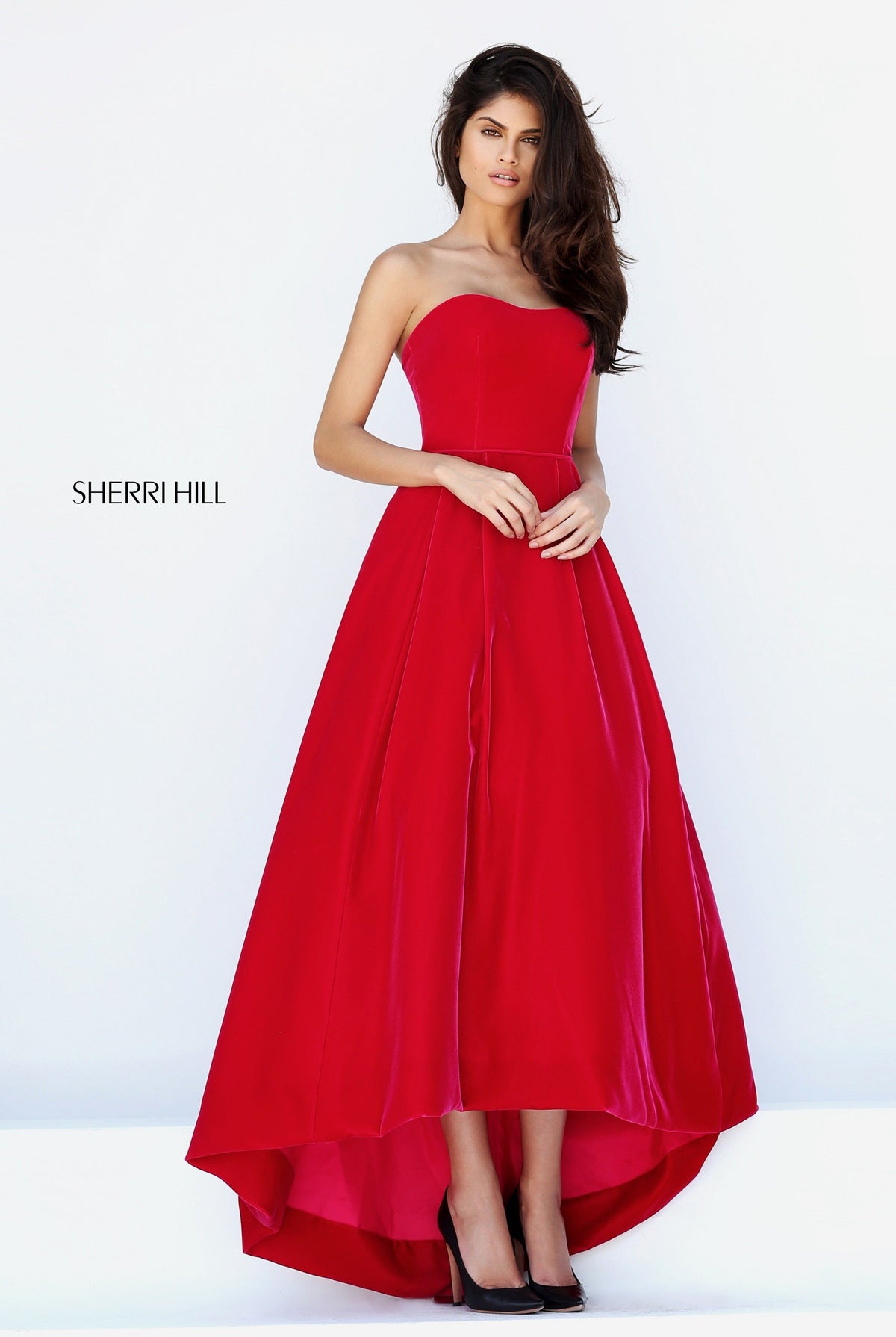 Sherri Hill 50735 strapless velvet high-low gown