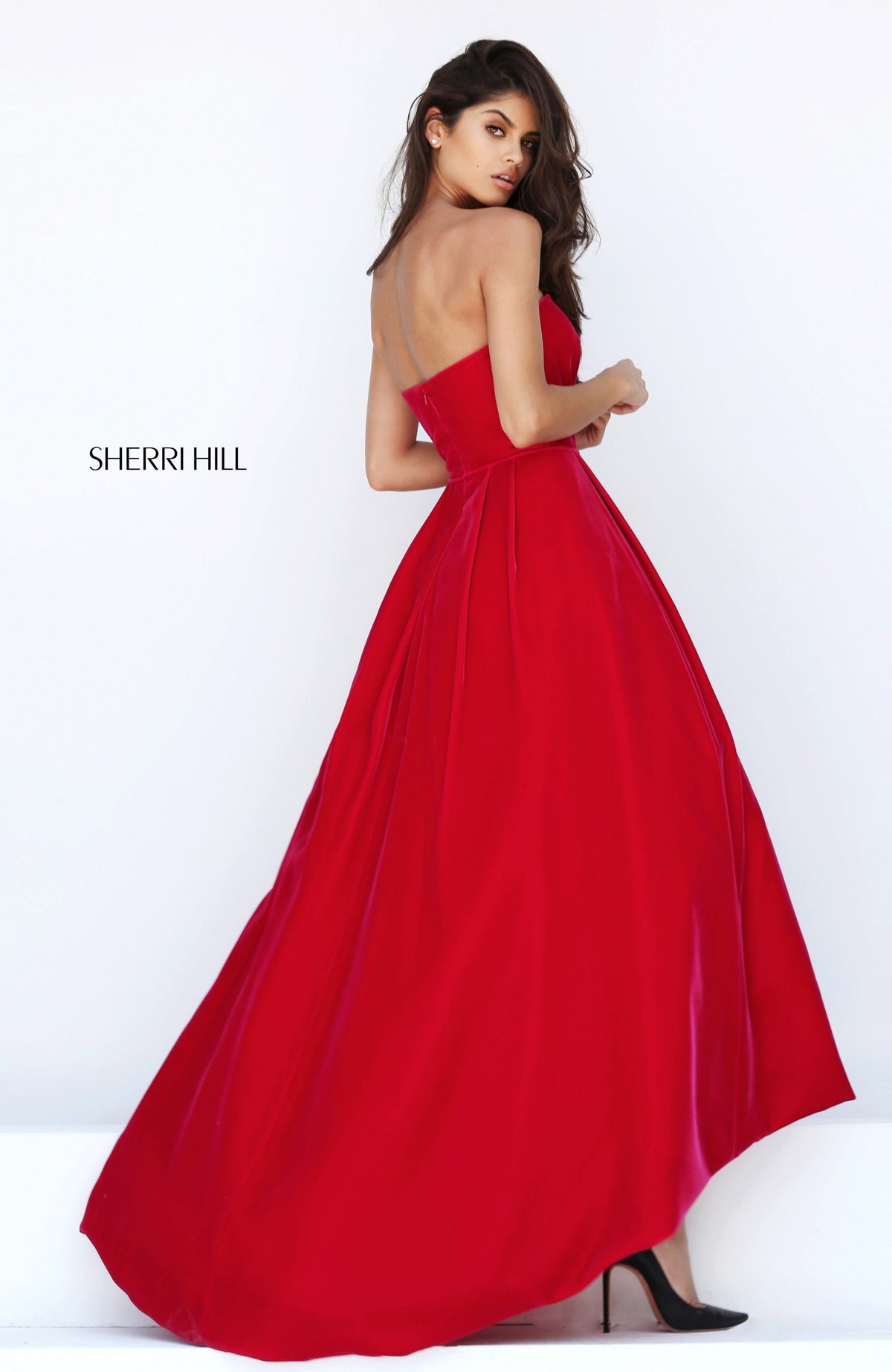 Sherri Hill 50735 strapless velvet high-low gown