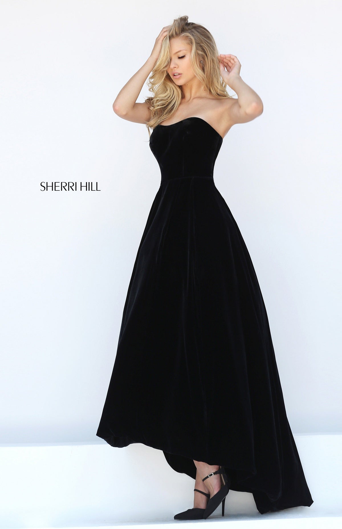 Sherri Hill 50735 strapless velvet high-low gown