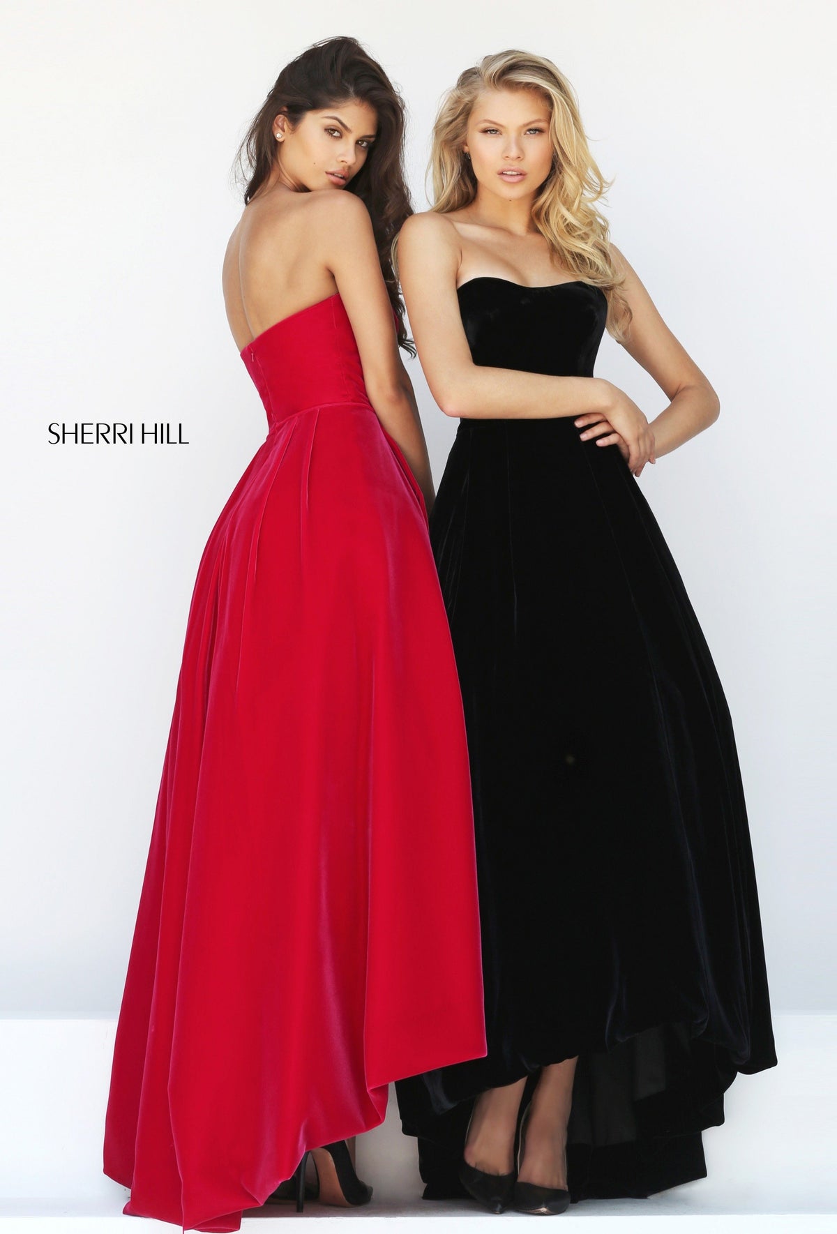 Sherri Hill 50735 strapless velvet high-low gown in red