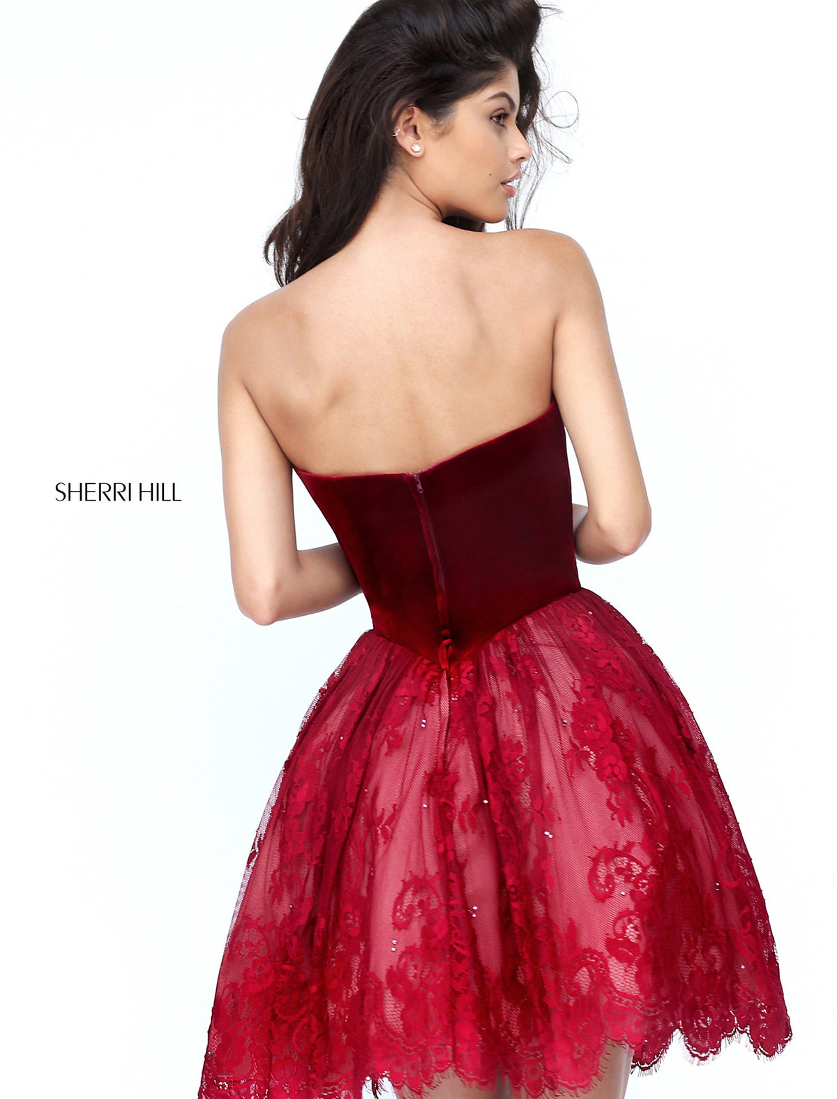 Sherri Hill 50765 sweetheart velvet cocktail dress with lace skirt in wine