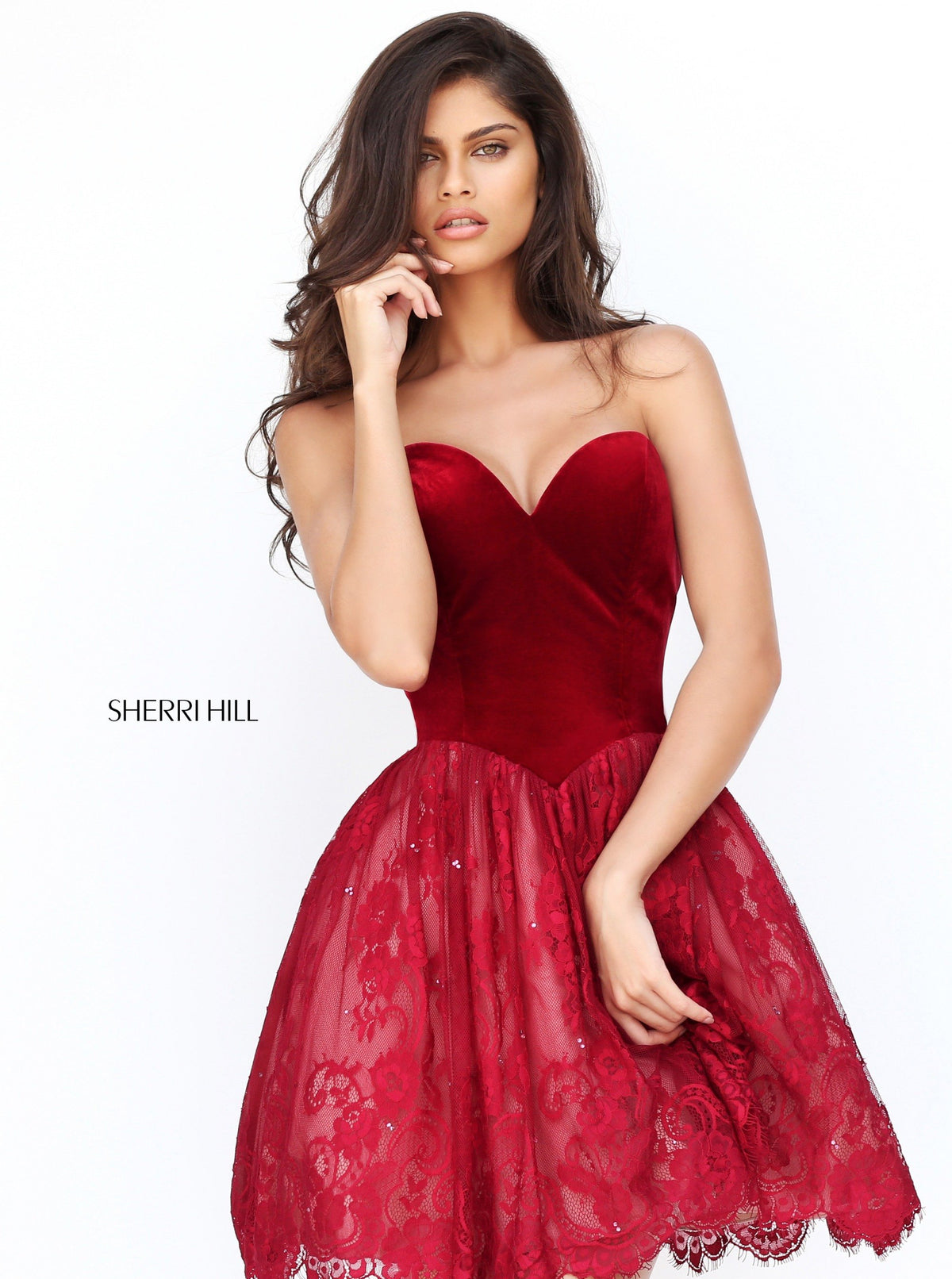 Sherri Hill 50765 sweetheart velvet cocktail dress with lace skirt