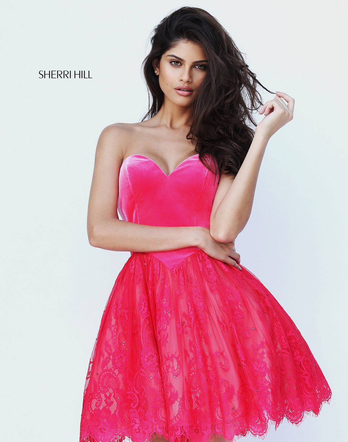 Sherri Hill 50765 sweetheart velvet cocktail dress with lace skirt in hot pink