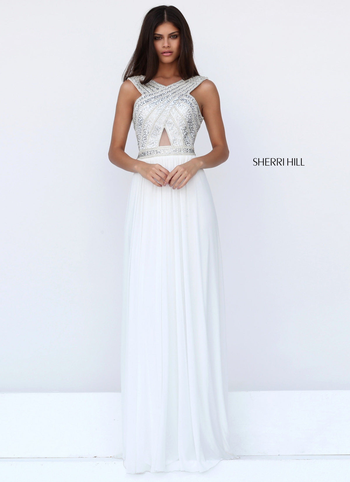 Sherri Hill 50759 chiffon gown with beaded halter bodice