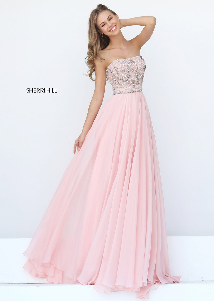 Sherri Hill style 11179 in emerald, Chiffon Gown with Strapless Beaded Bodice