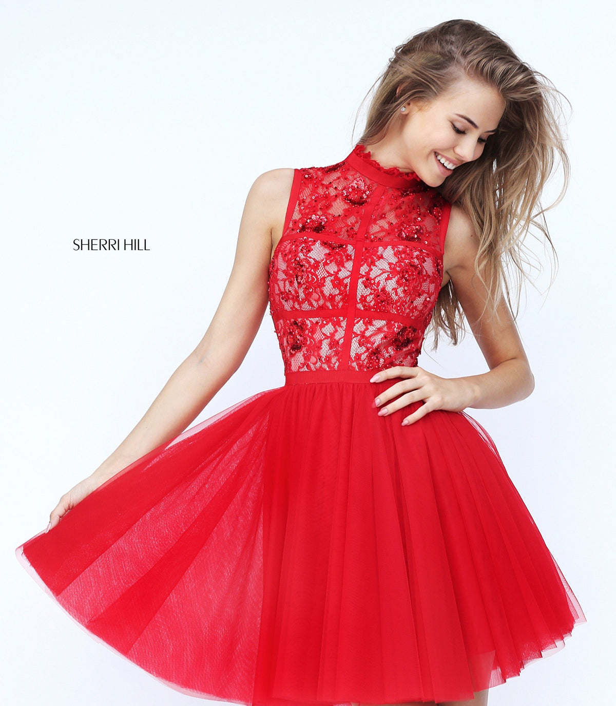 Sherri Hill 50636 high-neck lace bodice cocktail dress with tulle skirt