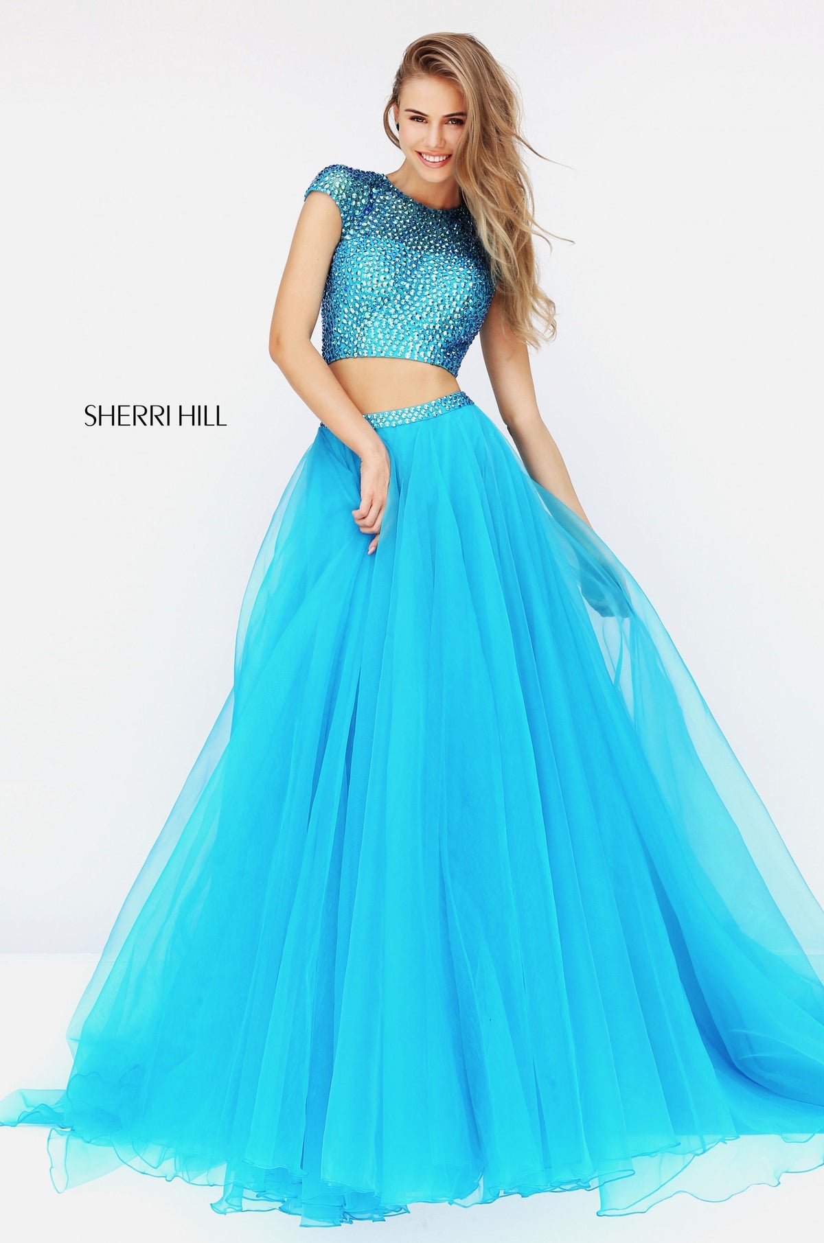 Sherri Hill 50561 two piece beaded bodice with organza skirt in turquoise