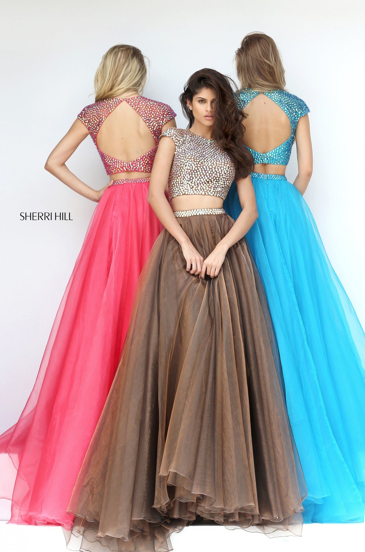 Sherri Hill 50561 two piece beaded bodice with organza skirt in light brown