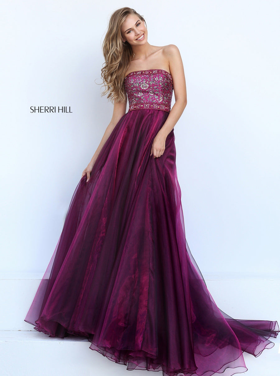 Sherri Hill style 50779 in navy, Beaded Bodice with A-Line Organza Skirt