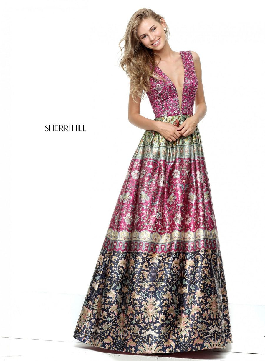 Sherri Hill style 50780 in magenta/green/multi, V-Neck Tank Bodice with A-Line Skirt