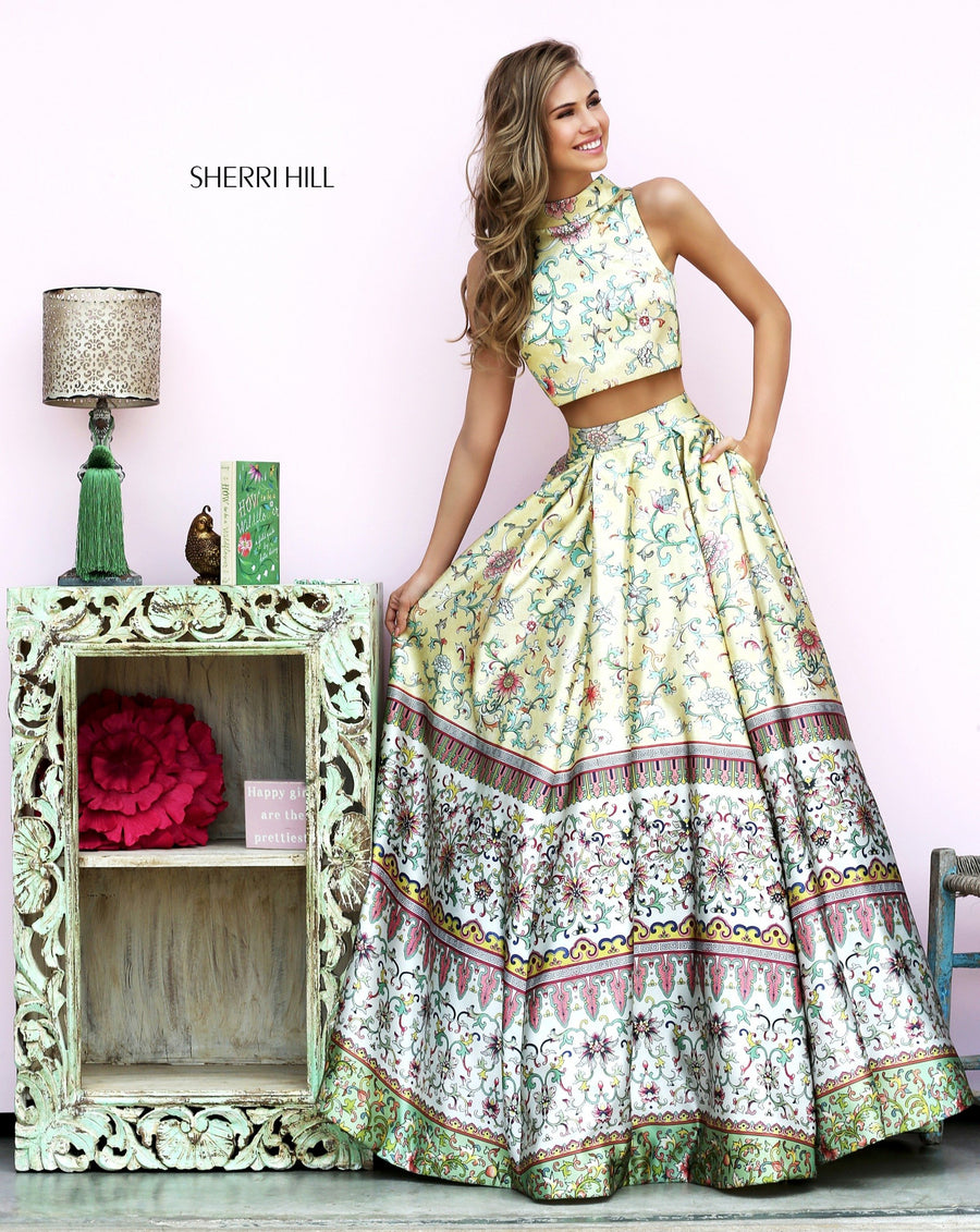 Sherri Hill style 50783 in yellow/multi print, Printed Two-Piece Ball Gown