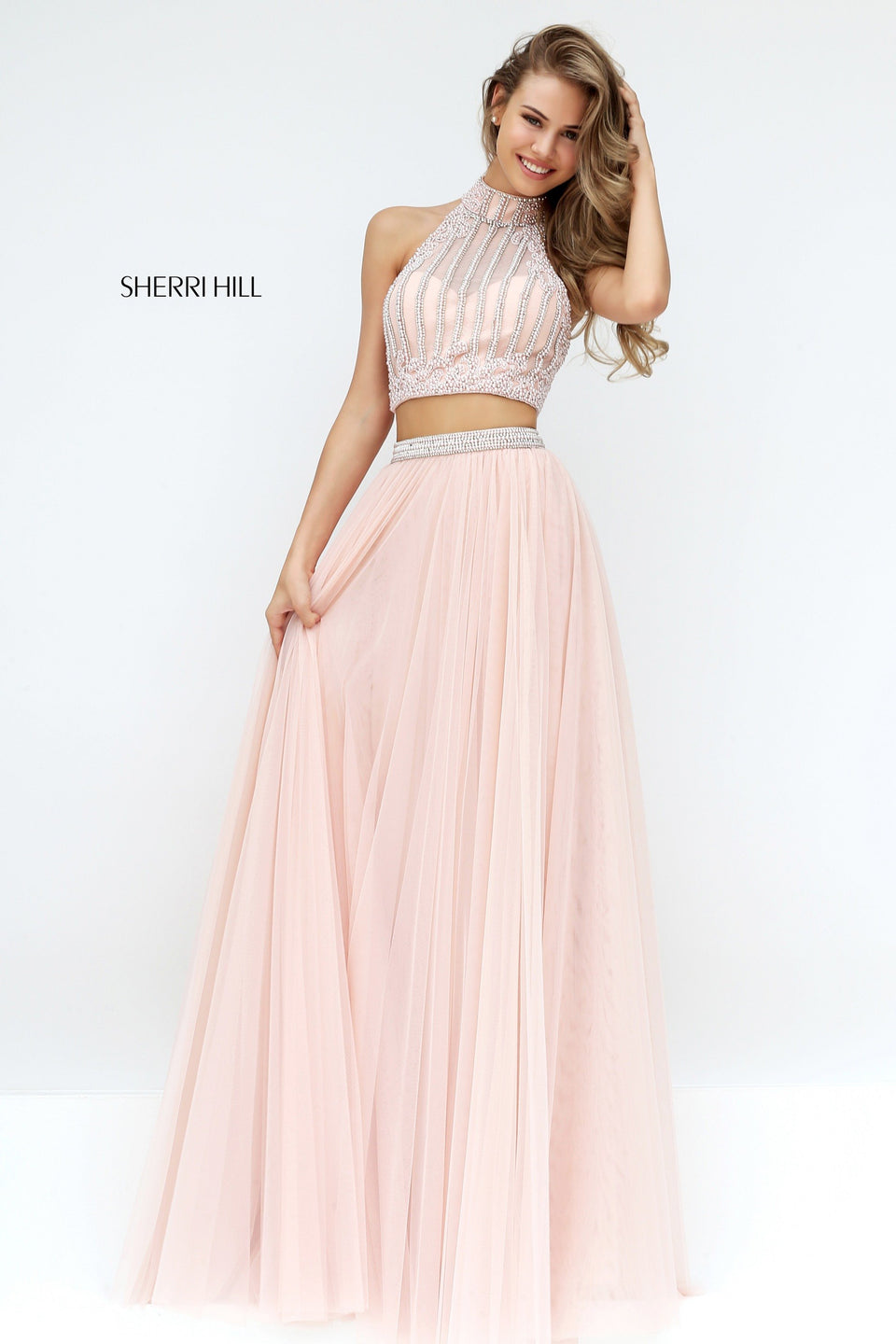 sherri hill Two-piece high neck beaded bodice with keyhole back and gathered tulle skirt | sherri hill Two-piece high neck beaded bodice with keyhole back and gathered tulle skirt |