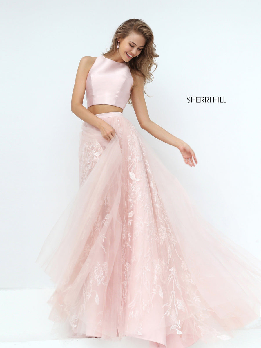 Sherri Hill style 50787 in blush, Two-Piece A-Line Tulle Skirt with Sequin
