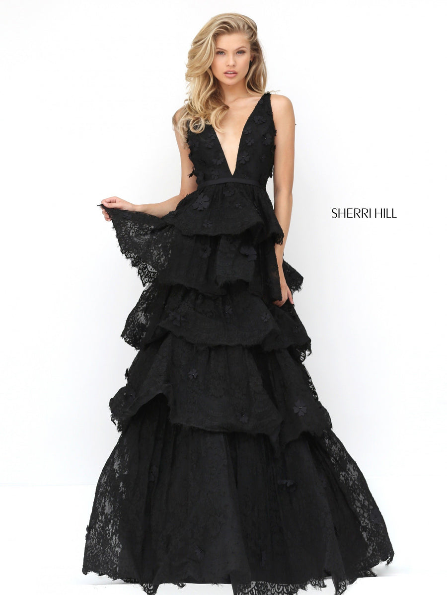 Sherri Hill style 50789 in black, Deep V-Neck Bodice with Lace Tiered Skirt