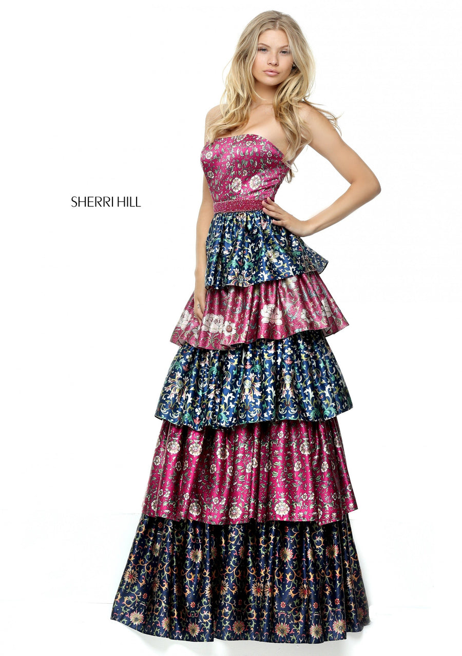 Sherri Hill style 50791 in plum/navy print, Strapless Multi Print A-Line Gown