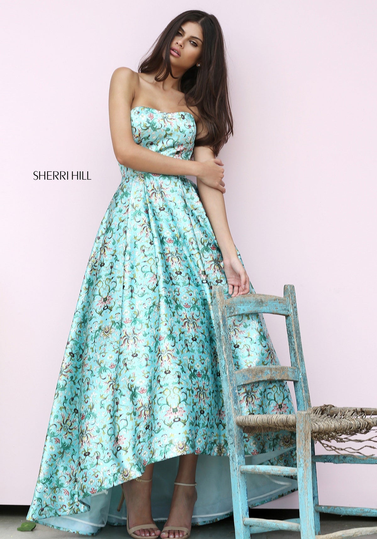 Sherri Hill 50793 printed strapless audrey length gown in blue print