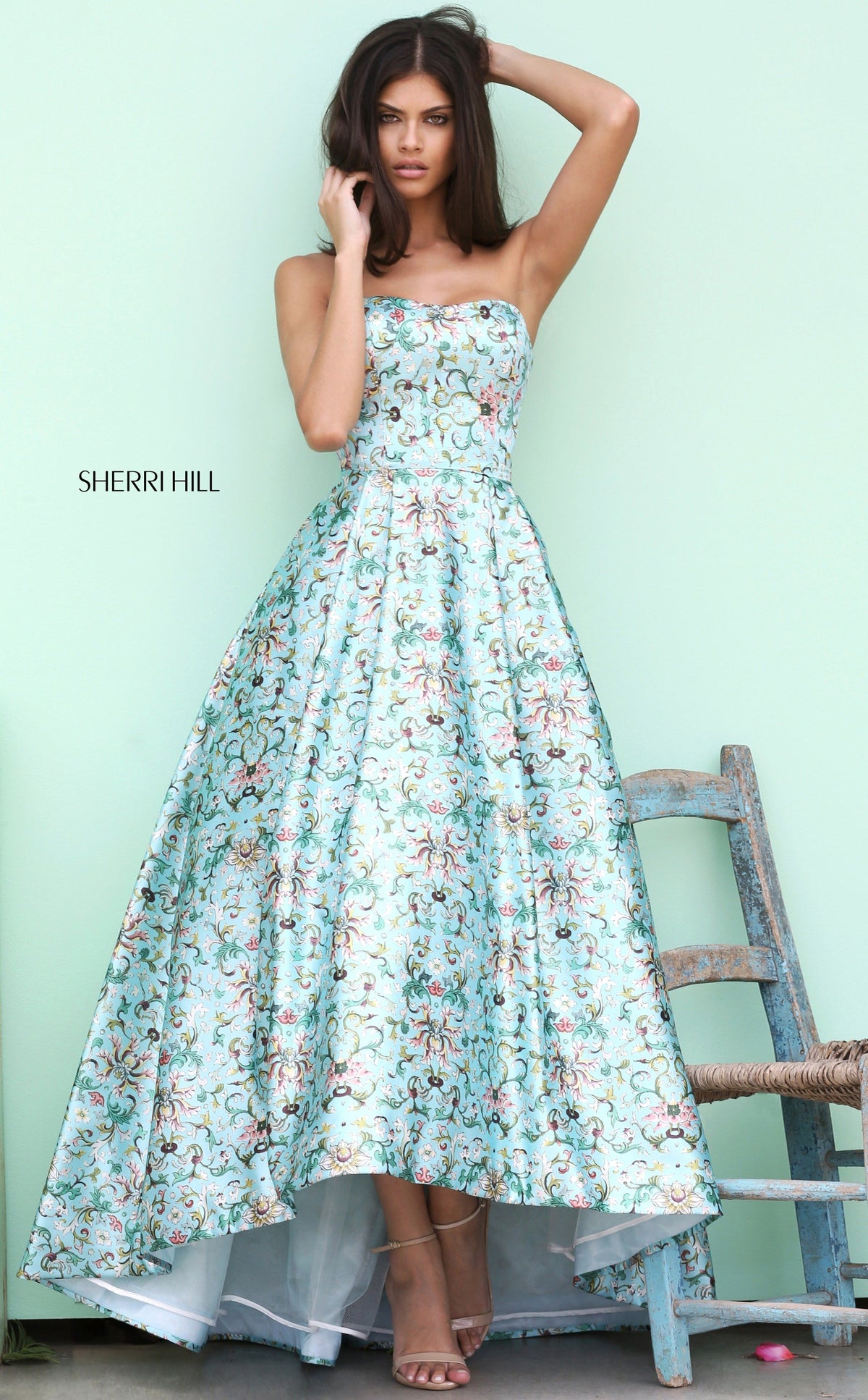Sherri Hill 50793 printed strapless audrey length gown in blue print
