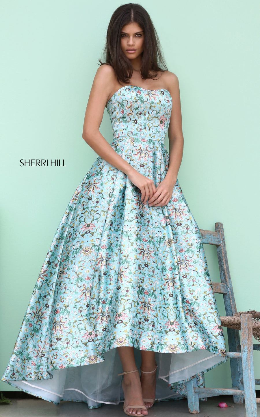 Sherri Hill style 50793 in blue print, Printed Strapless Audrey Length Gown