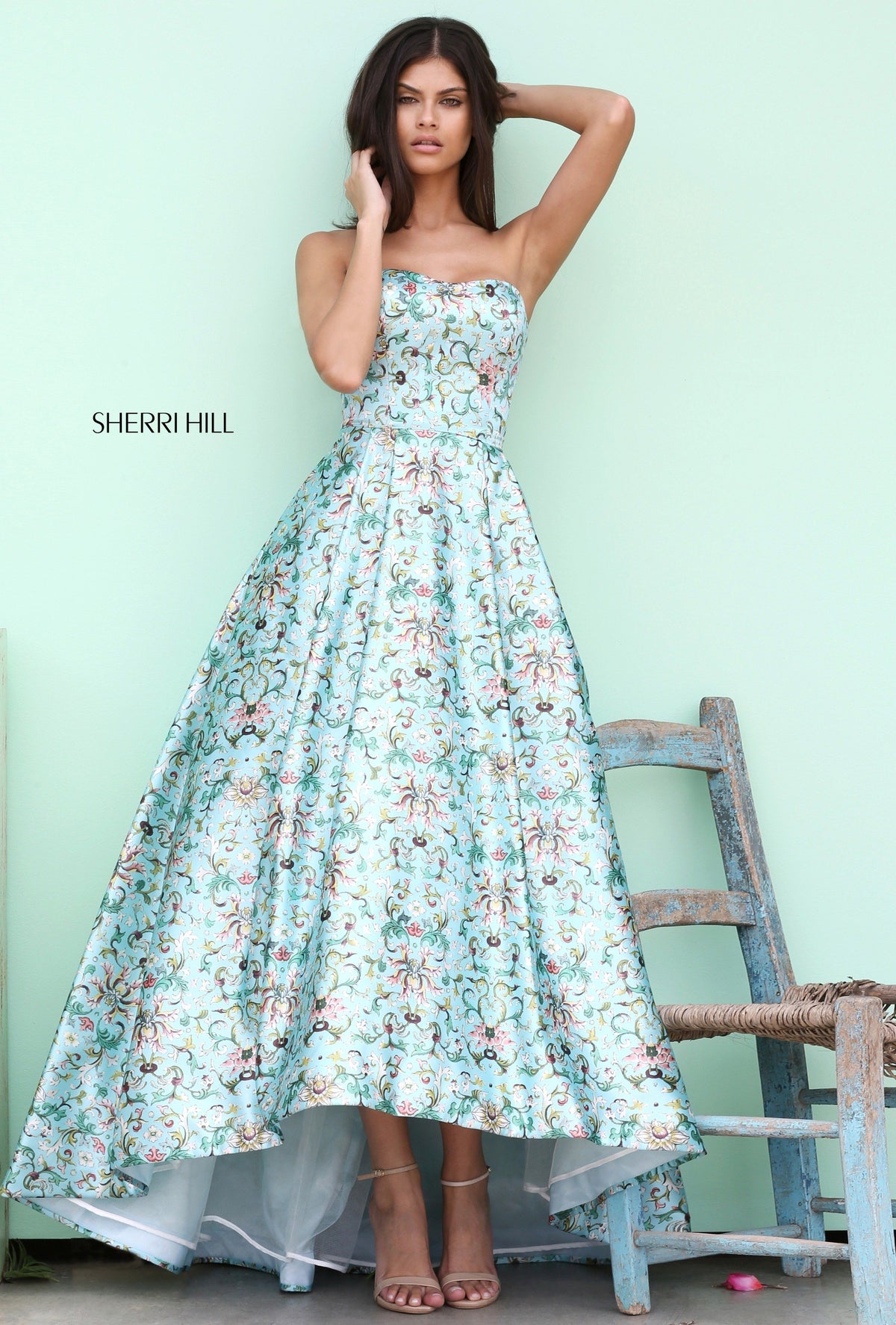 Sherri Hill 50793 printed strapless audrey length gown in blue print
