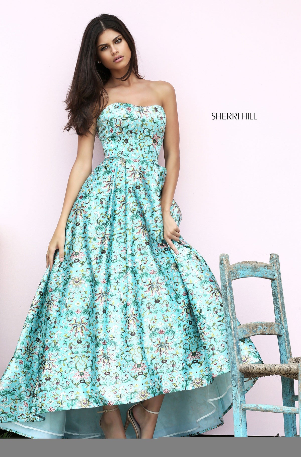 Sherri Hill 50793 printed strapless audrey length gown in blue print