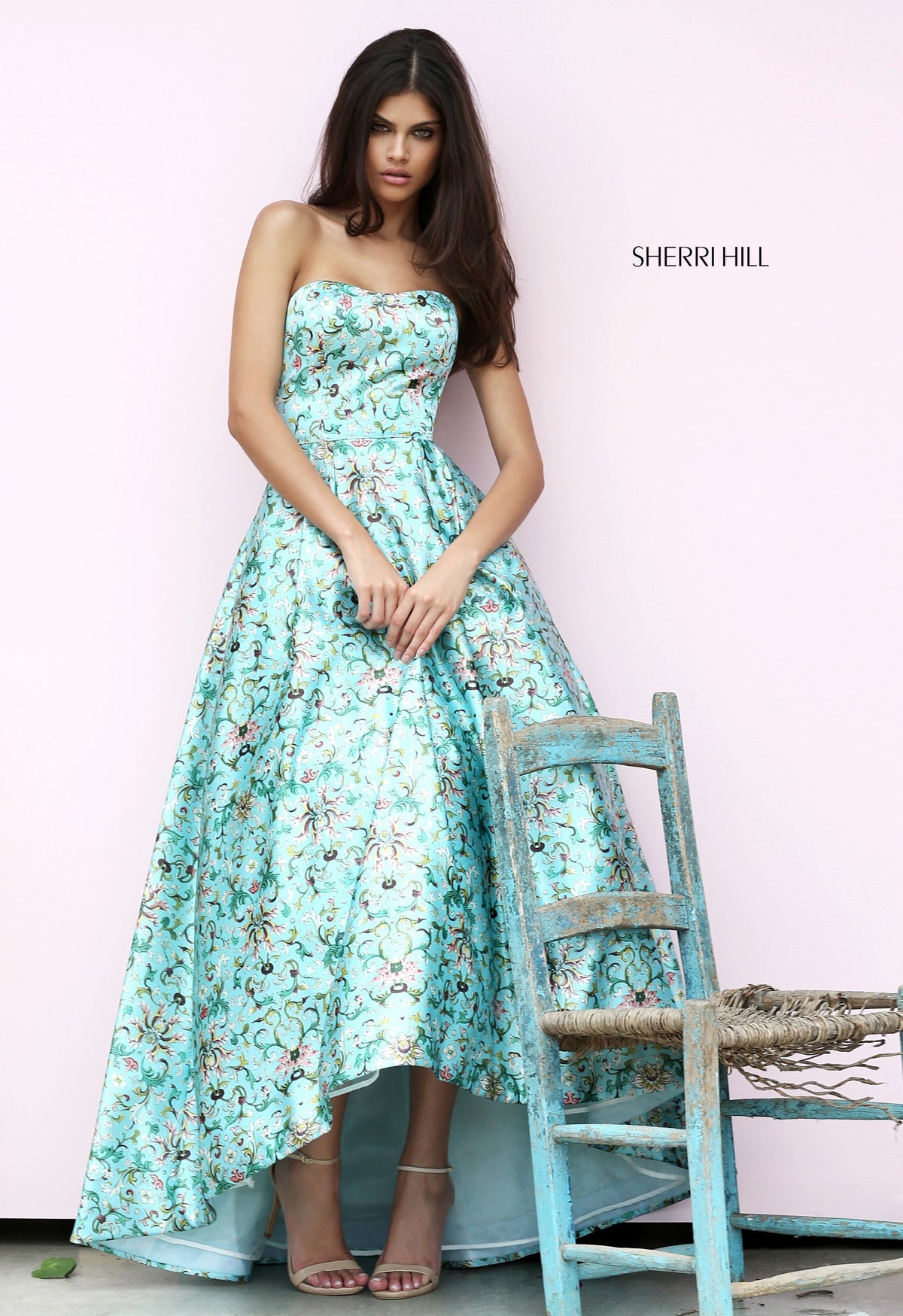 Sherri Hill 50793 printed strapless audrey length gown in blue print