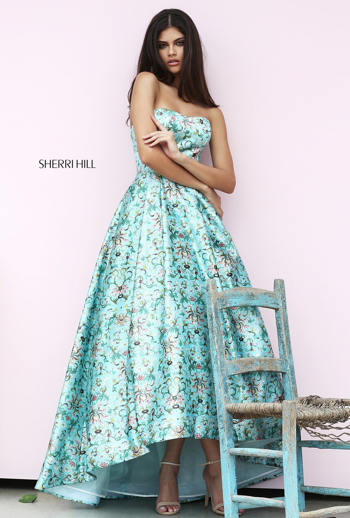 Sherri Hill 50793 printed strapless audrey length gown in blue print