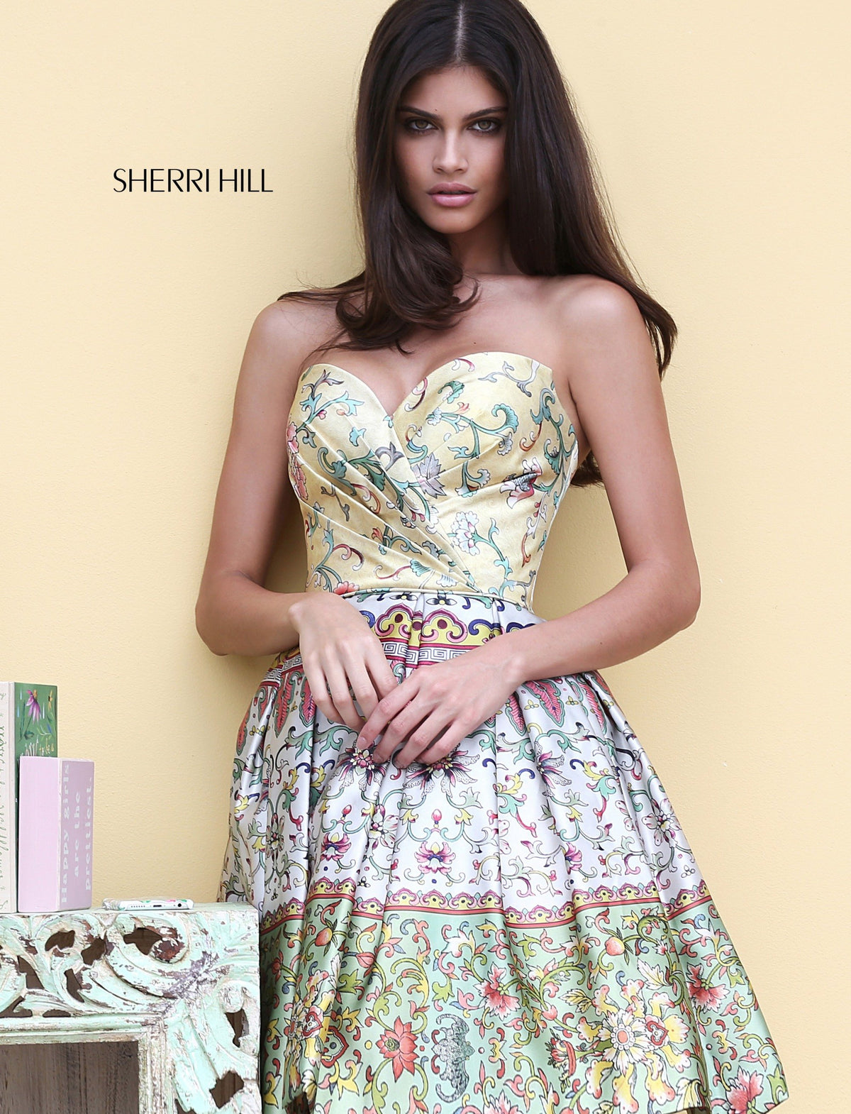 Sherri Hill 50796 sweetheart multi print cocktail gown in yellow print