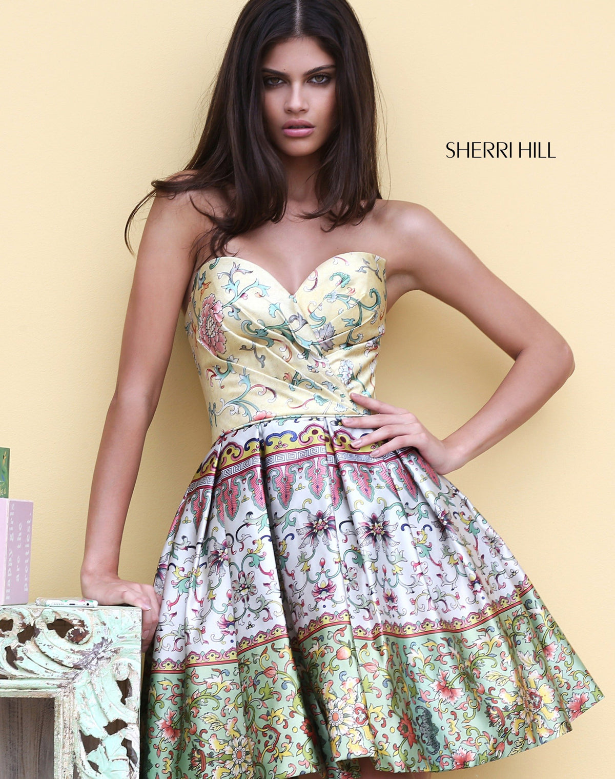 Sherri Hill 50796 sweetheart multi print cocktail gown in yellow print