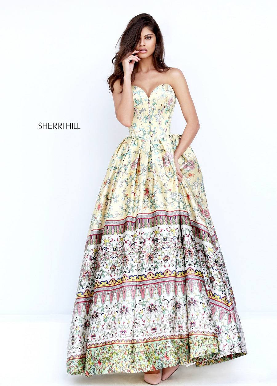 Sherri Hill style 50797 in yellow print, Strapless Sweetheart Corset Print Ballgown