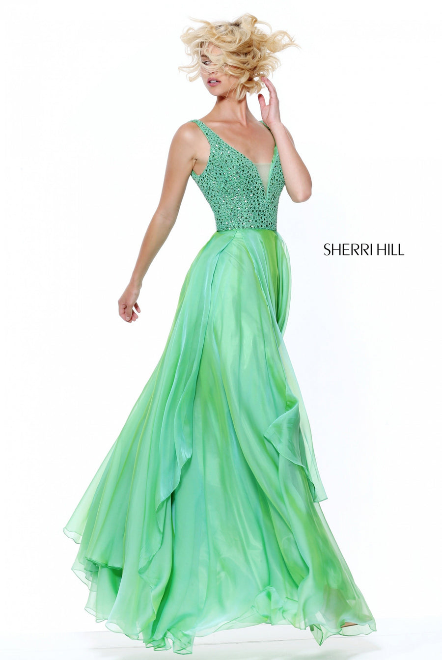Sherri Hill style 50801 in blue, Beaded Bodice with Layered Chiffon Skirt