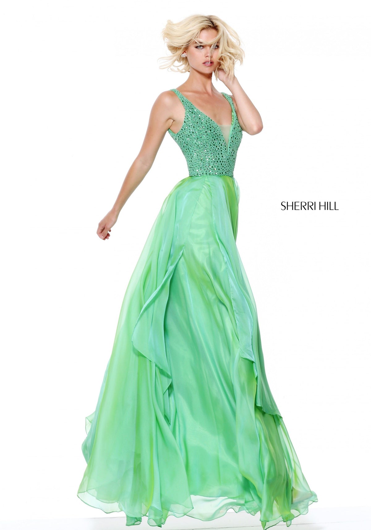 Sherri Hill 50801 beaded bodice with layered chiffon skirt in green